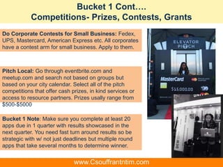 Bucket 1 Cont….
Competitions- Prizes, Contests, Grants
Do Corporate Contests for Small Business: Fedex,
UPS, Mastercard, American Express etc. All corporates
have a contest arm for small business. Apply to them.
Pitch Local: Go through eventbrite.com and
meetup.com and search not based on groups but
based on your city calendar. Select all of the pitch
competitions that offer cash prizes, in kind services or
access to resource partners. Prizes usally range from
$500-$5000
Bucket 1 Note: Make sure you complete at least 20
apps due in 1 quarter with results showcased in the
next quarter. You need fast turn around results so be
strategic with w/ not just deadlines but multiple round
apps that take several months to determine winner.
www.Csouffrantntim.com
 