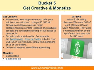 Bucket 5
Get Creative & Monetize
Get Creative
• Host events, workshops where you offer your
solutions to customers…charge $5, $10 etc
• Google consulting projects at major
entrepreneurship centers- colleges and graduate
schools are consistently looking for live cases to
do work for
• Donations via social media . For example,
the Tweetsgiving drive via Twitter pulled in over
US$10K in just 48 hours, simply from donations
of $5 or $10 dollars.
• Online ad revenue and Affiliate advertising
Monetize
• Subscription
• Beta sales etc
Air BNB
raised $25k selling
cheerios- We made 500 of
each (Obama O's and
Cap'n McCains). They were
a numbered edition on the
top of each box, and sold
for $40 each.
www.Csouffrantntim.com
 
