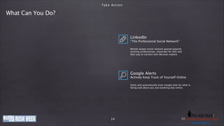 Ta k e A c t i o n

What Can You Do?

LinkedIn

“ The Professional Social Network”

!
Worlds largest social network geared towards 
working professionals, important for SEO and
best way to connect with decision makers

Google Alerts

Actively Keep Track of Yourself Online
!
Easily and automatically have Google look for what is
being said about you and anything else online.

www.company-ije.com
thejobhuntr.com

14

E-Mail: h e j o b h u n t r . c
Phone: +49 (0)o8363i219011 / k o l b y @ tinfo@company-o m
usd.k lby. n
u s dije.com . i n
.kolby

 