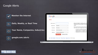 Google Alerts

Monitor the Internet

Daily, Weekly, or Real Time
Your Name, Companies, Industries

google.com/alerts

www.company-ije.com
thejobhuntr.com
E-Mail: h e j o b h u n t r . c
Phone: +49 (0)o8363i219011 / k o l b y @ tinfo@company-o m
usd.k lby. n
u s dije.com . i n
.kolby

 