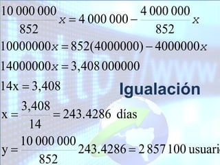 10 000 000                 4 000 000
           x  4 000 000            x
    852                       852
10000000x  852(4000000)  4000000x
14000000x  3,408 000000
14x  3,408            Igualación
    3,408
x         243.4286 días
     14
    10 000 000
y             243.4286  2 857 100 usuario
        852
 