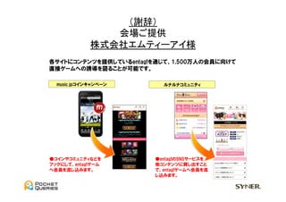 （謝辞）	
                    会場ご提供	
  
                 株式会社エムティーアイ様	
  
    entag!連携 ③他サービスとの連携

    各サイトにコンテンツを提供しているentag!を通じて、1,500万人の会員に向けて
    直接ゲームへの誘導を図ることが可能です。

      music.jpコインキャンペーン                      ルナルナコミュニティ




    ●コインやコミュニティなどを                   ●entag!のSNSサービスを
    フックにして、entag!ゲーム                 他コンテンツに貸し出すこと
    へ会員を流し込みます。                      で、entag!ゲームへ会員を流
                                     し込みます。

9                         MTI Confidential
 