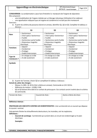 Appareillage en électrotechnique BTS électrotechnique
ARTAUD - Cancel Christophe
Page 2/14
SEPARER, CONDAMNER, PROTEGER, ETABLIR/INTERROMPRE Date :
CONDAMNER : La condamnation a pour but d'interdire la manœuvre de l'organe de séparation.
Elle comprend :
- une immobilisation de l'organe réalisée par un blocage mécanique (Utilisation d'un cadenas)
- une signalisation indiquant que cet organe est condamné et ne doit pas être manœuvré
Exercices :
1) A partir du schéma de puissance donné en annexe, identifier Q1, Q2 et Q3. Compléter le tableau ci-
dessous :
Q1 Q2 Q3
Nom
□ Sectionneur
□ Interrupteur Sectionneur
□ Fusible
□ Sectionneur porte fusible
□ Disjoncteur magnéto
thermique
□ Sectionneur
□ Interrupteur Sectionneur
□ Fusible
□ Sectionneur porte fusible
□ Disjoncteur magnéto
thermique
□ Sectionneur
□ Interrupteur Sectionneur
□ Fusible
□ Sectionneur porte fusible
□ Disjoncteur magnéto
thermique
Fonctions
□ Séparer
□ Condamner
□ Protéger
□ Etablir/Interrompre
□ Séparer
□ Condamner
□ Protéger
□ Etablir/Interrompre
□ Séparer
□ Condamner
□ Protéger
□ Etablir/Interrompre
Type de
manœuvre ?
□ En charge ou à vide
□ A vide seulement
□ En charge ou à vide
□ A vide seulement
□ En charge ou à vide
□ A vide seulement
Symbole
2) A partir de l’annexe, choisir Q2 en complétant le tableau ci-dessous :
Extrait du cahier des charges :
- Réseau 3 x 400 + N, 50 Hz (Voir schéma en annexe). Commande en 24 V-50 Hz.
- Référence du moteur : LS100L 3 kW.
- Q2 et Q3 doivent être doté d’un contact de précoupure. Ces contacts seront insérés dans le schéma
de commande.
Tension de choix : Courant de choix : Autres critères de choix :
Référence retenue :
PROTEGER LES CIRCUITS CONTRE LES SURINTENSITES : Une surintensité est un courant qui dépasse
le courant nominal.
Cela permet d’éviter les échauffements destructeurs, les incendies, voir les explosions.
Définitions :
- Courant de surcharge : Surintensité qui survient dans un circuit non endommagé sur le plan
électrique.
Exemples :
 