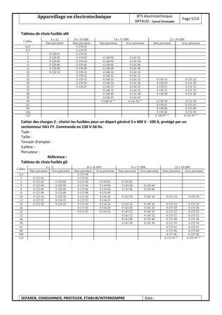 Appareillage en électrotechnique BTS électrotechnique
ARTAUD - Cancel Christophe
Page 5/14
SEPARER, CONDAMNER, PROTEGER, ETABLIR/INTERROMPRE Date :
Tableau de choix fusible aM
Cahier des charges 2 : choisir les fusibles pour un départ général 3 x 400 V - 100 A, protégé par un
sectionneur GK1 FY. Commande en 230 V-50 Hz.
Type :
Taille :
Tension d’emploi :
Calibre :
Percuteur :
Référence :
Tableau de choix fusible gG
 