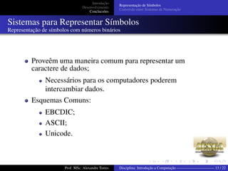 Introdução
Desenvolvimento
Conclucsões
Representação de Símbolos
Conversão entre Sistemas de Numeração
Sistemas para Representar Símbolos
Representação de símbolos com números binários
Proveêm uma maneira comum para representar um
caractere de dados;
Necessários para os computadores poderem
intercambiar dados.
Esquemas Comuns:
EBCDIC;
ASCII;
Unicode.
Prof. MSc. Alexandre Torres Disciplina: Introdução a Computação —————————— 13 / 22
 
