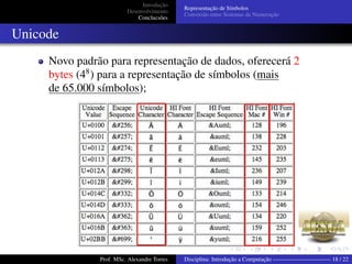 Introdução
Desenvolvimento
Conclucsões
Representação de Símbolos
Conversão entre Sistemas de Numeração
Unicode
Novo padrão para representação de dados, oferecerá 2
bytes (48
) para a representação de símbolos (mais
de 65.000 símbolos);
Prof. MSc. Alexandre Torres Disciplina: Introdução a Computação —————————— 18 / 22
 