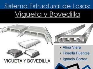 Sistema Estructural de Losas:
Vigueta y Bovedilla
● Alina Viera
● Fiorella Fuentes
● Ignacio Correa
 