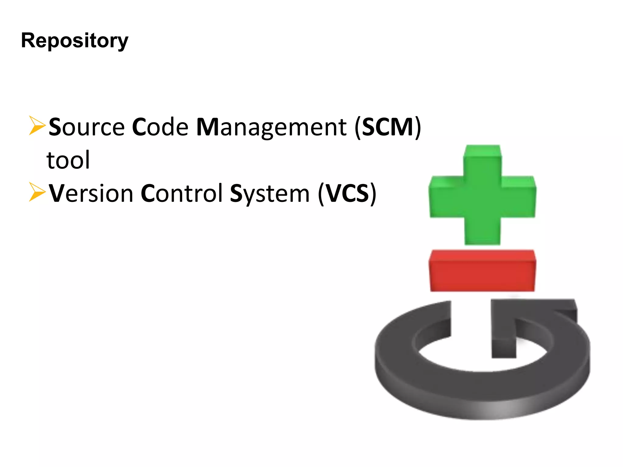 Repository
Source Code Management (SCM)
tool
Version Control System (VCS)
 