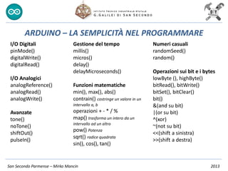 San Secondo Parmense – Mirko Mancin 2013
ARDUINO – LA SEMPLICITÀ NEL PROGRAMMARE
I/O Digitali
pinMode()
digitalWrite()
digitalRead()
I/O Analogici
analogReference()
analogRead()
analogWrite()
Avanzate
tone()
noTone()
shiftOut()
pulseIn()
Gestione del tempo
millis()
micros()
delay()
delayMicroseconds()
Funzioni matematiche
min(), max(), abs()
contrain() costringe un valore in un
intervallo a, b
operazioni + - * / %
map() trasforma un intero da un
intervallo ad un altro
pow() Potenza
sqrt() radice quadrata
sin(), cos(), tan()
Numeri casuali
randomSeed()
random()
Operazioni sui bit e i bytes
lowByte (), highByte()
bitRead(), bitWrite()
bitSet(), bitClear()
bit()
&(and su bit)
|(or su bit)
^(xor)
~(not su bit)
<<(shift a sinistra)
>>(shift a destra)
 