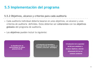 5.5 Implementación del programa
5.5.2 Objetivos, alcance y criterios para cada auditoría
• Cada auditoría individual deber...