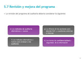 5.7 Revisión y mejora del programa
• La revisión del programa de auditoría debería considerar lo siguiente:
e) Los métodos...