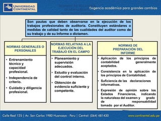 NORMAS DE AUDITORÍA
GENERALMENTE
ACEPTADAS (NAGAS)
Son pautas que deben observarse en la ejecución de los
trabajos profesionales de auditoria. Constituyen estándares o
medidas de calidad tanto de las cualidades del auditor como de
su trabajo y de su Informe o dictamen.
NORMAS GENERALES O
PERSONALES
NORMAS RELATIVAS A LA
EJECUCIÓN DEL
TRABAJO EN EL CAMPO
NORMAS DE
PREPARACIÓN DEL
INFORME
• Entrenamiento
técnico y
capacidad
profesional.
• Independencia de
criterio.
• Cuidado y diligencia
profesional.
• Planeamiento y
supervisión
adecuados.
• Estudio y evaluación
del control interno.
• Obtención de
evidencia suficiente y
competente.
• Aplicación de los principios de
contabilidad generalmente
aceptados.
• Consistencia en la aplicación de
los principios de Contabilidad.
• Suficiencia de las declaraciones
informativas.
• Expresión de opinión sobre los
Estados Financieros, indicando
la naturaleza del examen y grado
de responsabilidad
tomado por el Auditor.
 