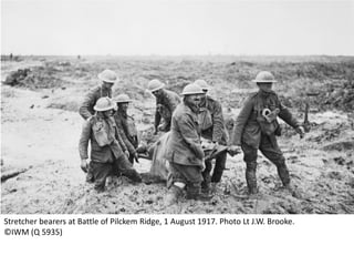 Stretcher bearers at Battle of Pilckem Ridge, 1 August 1917. Photo Lt J.W. Brooke.
©IWM (Q 5935)
 