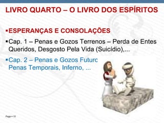Page  10
LIVRO QUARTO – O LIVRO DOS ESPÍRITOS
ESPERANÇAS E CONSOLAÇÕES
Cap. 1 – Penas e Gozos Terrenos – Perda de Entes
Queridos, Desgosto Pela Vida (Suicídio),...
Cap. 2 – Penas e Gozos Futuros – Vida Futura,
Penas Temporais, Inferno, ...
 