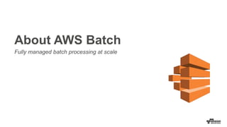 About AWS Batch
Fully managed batch processing at scale
 