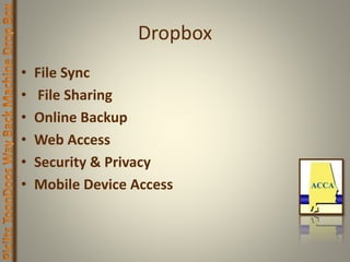 Dropbox
• File Sync
• File Sharing
• Online Backup
• Web Access
• Security & Privacy
• Mobile Device Access
 
