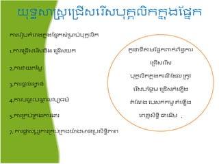 យ៊ុទធស្ថ្សត តគ្ជ្ើសតរសប៊ុរគលិររន ុងផែនរ
ការតរៀបរំតរាងរន ុងផែនរសំគ្មាប់ប៊ុរគលិរ
1.ការតគ្ជ្ើសតរស​ៃិង តគ្ជ្ើសយរ
2.ការវាយ នមា
3.ការែតល់រងាវ ៃ់
4.ការប ត ុ ះបណ្តត លវបប្ម៍
5.ការគ្រប់គ្រងការងារ
7. ការផ្លា ស់បត ូរការគ្រប់គ្រងយ៉ា ងមាៃគ្បសិទធិភាព
ួនទីតាមផែនរពារ់ព័ៃធការ
តគ្ជ្ើសតរស
ប៊ុរគលិររន ុងររ ី ផដល គ្ ូវ
តរសបផៃាម តគ្ជ្ើស ំត ើង
ំ ផ ង តបសររមម ំត ើង
តពញសិទធិ​ជាតដើម .
 