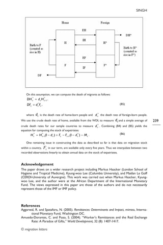 SINGH
© migration letters
239
On this assumption, we can compute the death of migrants as follows:
*
1
*
−= ttt HdDH ,
ttt FdDF *
= , (B5)
where td is the death rate of home-born people and *
td the death rate of foreign-born people.
We use the crude death rate of home, available from the WDI, to measure td and a simple average of
crude death rates for our sample countries to measure *
td . Combining (B4) and (B5) yields the
equation for computing the stock of expatriates:
ttttttt MdFFdHH −−−+−= −− )1()1( *
1
*
1
*
. (B6)
One remaining issue in constructing the data as described so far is that data on migration stock
within a country, tF in our term, are available only every five years. Thus we interpolate between two
recorded observations linearly to obtain annual data on the stock of expatriates.
Acknowledgement
The paper draws on a wider research project including Markus Haacker (London School of
Hygiene and Tropical Medicine), Kyung-woo Lee (Columbia University), and Maëlan Le Goff
(CERDI-University of Auvergne). This work was carried out when Markus Haacker, Kyung-
woo Lee, and the author were at the African Department of the International Monetary
Fund. The views expressed in this paper are those of the authors and do not necessarily
represent those of the IMF or IMF policy.
References
Aggarwal, R. and Spatafora, N. (2005). Remittances: Determinants and Impact, mimeo, Interna-
tional Monetary Fund, Washington DC.
Amuedo-Dorantes, C. and Pozo, S. (2004). “Worker’s Remittances and the Real Exchange
Rate: A Paradox of Gifts,” World Development, 32 (8): 1407-1417.
 