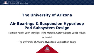 The University of Arizona
Air Bearings & Suspension Hyperloop
Pod Subsystem Design
Namrah Habib, John Mangels, Irene Moreno, Corey Colbert, Jacob Pavek
on behalf of
The University of Arizona Hyperloop Competition Team
 