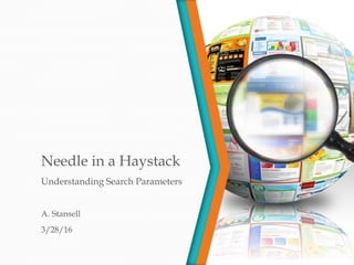 Needle in a Haystack
Understanding Search Parameters
A. Stansell
3/28/16
 