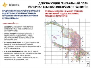 ГЕНЕРАЛЬНЫЙ ПЛАН НЕ МОЖЕТ СДЕРЖАТЬ ЭКСТЕНСИВНЫЙ ПОДХОД К РАЗВИТИЮ ГОРОДСКИХ ТЕРРИТОРИЙ 
ЗАМКНУТЫЙ КРУГ: 
•ИНВЕСТОРЫ ОСВАИВАЮТ ТЕРРИТОРИИ С ОБРЕМЕНЕНИЯМИ И НЕ ОБЕСПЕЧЕННЫЕ ИНФРАСТРУКТУРОЙ 
•НОВЫЕ ЖИТЕЛИ ПРИОБРЕТАЮТ ЖИЛЬЕ В СВЕРХПЛОТНЫХ НОВОСТРОЙКАХ, ЧТОБЫ ЗАСТРОЙЩИК СМОГ ВЕРНУТЬ ЗАТРАТЫ НА ИНФРАСТРУКТУРУ 
•НАЛОГОПЛАТЕЛЬЩИКИВКЛАДЫВАЮТ ДЕНЬГИ В РАЗВИТИЕ НОВЫХ ТЕРРИТОРИЙ НА ФОНЕ МЕДЛЕННОГО РЕШЕНИЯ ПРОБЛЕМ СЛОЖИВШИХСЯ ГОРОДСКИХ РАЙОНОВ 
•ГОРОДСКОЙ БЮДЖЕТНАХОДИТСЯ ПОД ГРУЗОМ ИНФРАСТРУКТУРНЫХ ОБЯЗАТЕЛЬСТВ ПО РАЗВИТИЮ НОВЫХ ТЕРРИТОРИЙ, МНОГОКРАТНО ПРЕВЫШАЮЩИХ КРАТКОСРОЧНЫЕ ДОХОДЫ ОТ ПРОДАЖИ ЗЕМЕЛЬНЫХ УЧАСТКОВ 
ДЕЙСТВУЮЩИЙ ГЕНЕРАЛЬНЫЙ ПЛАН 
ИСЧЕРПАЛ СЕБЯ КАК ИНСТРУМЕНТ РАЗВИТИЯ 
ПРЕДЛОЖЕНИЯ ГЕНЕРАЛЬНОГО ПЛАНА ПО РЕДЕВЕЛОПМЕНТУ И РЕКОНСТРУКЦИИ 
ГОРОДСКИХ ТЕРРИТОРИЙ ПРАКТИЧЕСКИ НЕ РЕАЛИЗОВАНЫ7  
