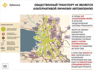ОБЩЕСТВЕННЫЙ ТРАНСПОРТ НЕ ЯВЛЯЕТСЯ АЛЬТЕРНАТИВОЙ ЛИЧНОМУ АВТОМОБИЛЮ 
МЕТРО НЕ СМОЖЕТ КОМФОРТНО ОБЕСПЕЧИВАТЬ ПЕРЕМЕЩЕНИЕ БОЛЕЕ ПОЛОВИНЫ ГОРОЖАН, ДАЖЕ С УЧЕТОМ ОПТИМИСТИЧНЫХ ПЛАНОВ ПО РАЗВИТИЮ ДО 2020 ГОДАК 2020 ГОДУ ОКОЛО 2,5 МЛН. ЖИТЕЛЕЙ СПб И БЛИЖАЙШИХ ПРИГОРОДОВ ВСЕ ЕЩЕ БУДУТ НЕ ОБЕСПЕЧЕНЫ СТАНЦИЯМИ МЕТРО В ПЕШЕЙ ДОСТУПНОСТИВ ГОРОДЕ НЕТ АЛЬТЕРНАТИВЫ МЕТРО В КАЧЕСТВЕ ОБЩЕГОРОДСКОЙ СИСТЕМЫ ТРАНСПОРТА 
11  