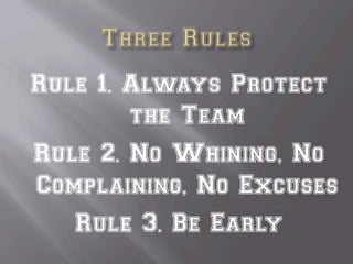 Rule 1. Always Protect
the Team
Rule 2. No Whining, No
Complaining, No Excuses
Rule 3. Be Early
 