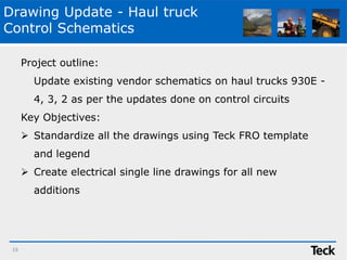 Drawing Update - Haul truck
Control Schematics
Project outline:
Update existing vendor schematics on haul trucks 930E -
4, 3, 2 as per the updates done on control circuits
Key Objectives:
 Standardize all the drawings using Teck FRO template
and legend
 Create electrical single line drawings for all new
additions
19
 