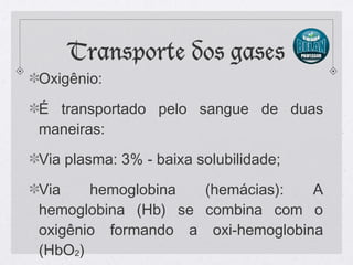 Transporte dos gases
Oxigênio:
É transportado pelo sangue de duas
maneiras:
Via plasma: 3% - baixa solubilidade;
Via hemoglobina (hemácias): A
hemoglobina (Hb) se combina com o
oxigênio formando a oxi-hemoglobina
(HbO2)
 