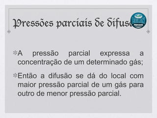 Pressões parciais de difusão
A pressão parcial expressa a
concentração de um determinado gás;
Então a difusão se dá do local com
maior pressão parcial de um gás para
outro de menor pressão parcial.
 
