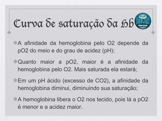 Curva de saturação da Hb
A afinidade da hemoglobina pelo O2 depende da
pO2 do meio e do grau de acidez (pH);
Quanto maior a pO2, maior é a afinidade da
hemoglobina pelo O2. Mais saturada ela estará;
Em um pH ácido (excesso de CO2), a afinidade da
hemoglobina diminui, diminuindo sua saturação;
A hemoglobina libera o O2 nos tecido, pois lá a pO2
é menor e a acidez maior.
 