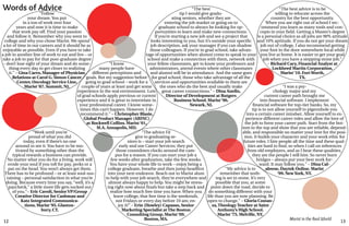 12 13
Marist in the Real World
“Follow
your dream. You put
in a ton of work over four
years and now it is time to make
that work pay off. Find your passion
and follow it. Remember why you went to
college and why you chose Marist. We spend
a lot of time in our careers and it should be as
enjoyable as possible. Even if you have to take
a job in another line of work to eat and live – or
take a job to pay for that post-graduate degree
– don’t lose sight of your dream and do some-
thing every day to get closer to realizing
it.” – Gina Carro, Manager of Physician
Relations at Carol G. Simon Cancer
Center, Oncology Service Line.
Marist ‘87. Summit, NJ.
“The advice I’d
give to graduating se-
niors is – start your job search
early and use Career Services; they put
those countdown clocks around the cam-
pus for a reason. If you can start your job a
few weeks after graduation, take the few weeks.
You have your whole life to work – enjoy being a
college graduate, breathe and then jump headfirst
into your next endeavor. Reach out to Marist alum
to help with your job search, they’re everywhere and
almost always happy to help. You might be stress-
ing right now about finals but take a step back and
realize how much free time you have. When you
leave college, that free time is the weekends,
not Fridays or every day before 10 am; en-
joy it!” – Erin (Howley) Capasso, Senior
Marketing Specialist at The Boston
Consulting Group. Marist ‘09.
Boston, MA.
“Work until you’re
proud of what you did
today, even if there’s no one
around to see it. You have to be mo-
tivated by something other than the
typical rewards a business can provide.
No matter what you do for a living, work will
erode your soul if you toll for pay, perks or a
pat on the head. You won’t always get them.
There has to be profound – or at least soul-sus-
taining – personal satisfaction in what you’re
doing. Because every time you say, “well, it’s a
paycheck,” a little more life gets sucked out
of you.”– Eric Cavoli, SeniorVP/Group
Creative Director for Cashman and
Katz Integrated Communica-
tions. Marist ‘95. Glaston-
bury, CT.
“I know
many people have
different perceptions and
goals. But my suggestion before
going to grad school – work for a
couple of years at least and get some
experience in the real environment. Lots
of grad schools apply previous or current
experience and it is great to interrelate in
your professional career. I know some-
times this can’t happen. However, I do
recommend it.” – Christopher Blasie,
Global Product Manager (ARINC)
at Rockwell Collins. Marist ‘01,
M.A. Annapolis, MD.
Words of Advice “The best
tip I would give gradu-
ating seniors, whether they are
entering the job market or going on to
graduate school to always be looking for op-
portunities to learn and make new connections.
If you’re starting a new job and see a project that
looks interesting to you, but it’s outside your specific
job description, ask your manager if you can shadow
those colleagues. If you’re in grad school, take advan-
tage of opportunities when alumni come to speak to your
school and make a connection with them, network with
your fellow classmates, get to know your professors and
administrators, attend events where other classmates
and alumni will be in attendance. And the same goes
for grad school, those who take advantage of all the
services and opportunities available to them are
the ones who do the best and usually make
great career connections.” – Dina Anello,
Director of Development at Rutgers
Business School. Marist ‘96.
Newark, NJ.
“The best advice is to be
willing to relocate across the
country for the best opportunity.
When you are right out of school I rec-
ommend you learn as many tools and con-
cepts in your field. Getting a Master’s degree
is a personal choice as all jobs are 90% attitude
and 10% aptitude. If you do not get your dream
job out of college, I also recommend getting
your foot in the door somewhere local while
you live at home. It is easier to get your goal
job when you have a stepping stone job.”
– Richard Cary, Financial Analyst at
Lockheed Martin Corporation.
Marist ‘10. FortWorth,
TX.
“I was a psy-
chology major and my
current career path brought me
into financial software. I implement
financial software for top-tier banks. So, my
tip is to not allow yourself to pigeonhole you
into a certain career mindset. Allow yourself to ex-
perience different career roles and allow the love of
the job to form your career path. Start from the bot-
tom to the top and show that you are reliable, depend-
able, and responsible no matter your love for the posi-
tion. It builds your character and your work ethic for
future roles. I hire people all the time and these qual-
ities are hard to find, so when I call on references
from old employers, and as I hear these qualities,
they are the people I will hire. So never burn
bridges – always put your best work for-
ward. It may follow you.” – Dina Cal-
abrese, Daytek Online. Marist
‘99. NewYork, NY.
“My advice is to
remember that noth-
ing is set in stone. It’s very
possible that you, at some
point down the road, decide to
do something different with your
life than you are now planning. Be
open to change.” – Gloria Costan-
za,Theology Teacher at Saint
Anthony’s High School.
Marist ‘75. Melville, NY.
 