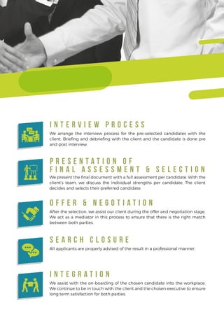 I N T E R V I E W P R O C E S S
We arrange the interview process for the pre-selected candidates with the
client. Brieﬁng and debrieﬁng with the client and the candidate is done pre
and post interview.
P R E S E N T A T I O N O F
F I N A L A S S E S S M E N T & S E L E C T I O N
We present the ﬁnal document with a full assessment per candidate. With the
client’s team, we discuss the individual strengths per candidate. The client
decides and selects their preferred candidate.
O F F E R & N E G O T I A T I O N
After the selection, we assist our client during the offer and negotiation stage.
We act as a mediator in this process to ensure that there is the right match
between both parties.
S E A R C H C L O S U R E
All applicants are properly advised of the result in a professional manner.
I N T E G R A T I O N
We assist with the on-boarding of the chosen candidate into the workplace.
We continue to be in touch with the client and the chosen executive to ensure
long term satisfaction for both parties.
 