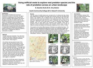 Methods
Fourteen sites were monitored. Four sites were
located at Wild Basin Wilderness Preserve, and
ten sites were located at different residential
yards in Austin, Texas (Figure 1).
One artificial nest was placed at each of the
fourteen sites. Each nest was wired to a tree,
shrub, or vine tangle at approximately 2 meters
high, to mimic nest placement of the Northern
Cardinal (Cardinalis cardinalis). Three eggs were
placed in each nest: two quail eggs and one clay
egg. Game cameras were set adjacent to the
nests to capture 60-second videos of any activity
at the nest. Nests and cameras were set up for
one week. Videos from each nest were watched
in the lab, and all activities at the nest (wildlife
inspecting nest, touching egg, taking egg, etc.)
were logged in a datasheet.
For each site, ArcGIS was used to characterize
the impervious ground cover, tree canopy cover,
distance from downtown, proximity to a
greenspace, distance to nearest major road, and
distance to nearest water source.
Acknowledgments
I would like to thank the National Science
Foundation for funding the summer research. I
would also like to thank Dr. Kopec at St.
Edward’s University and Dr. George Staff at
Austin Community College. Thank you to Dr.
Amy Belaire, whose enthusiasm and guidance
have been greatly appreciated. I would also like
to recognize Jonatan Salinas and Seth Kramer
who worked with Dr. Belaire and me as a team
assisting one another whenever necessary.
Thank you to the Austin residents who allowed
us to study their yards. Thank you to the
Smithsonian Migratory Bird Center for their
advice.
Results
Over 250 videos of wildlife activity were recorded at the 14 artificial nest sites. Nests
were categorized as predated if any eggs were removed during the one-week study
interval. The predation rate of artificial nests at the Wild Basin sites was 50%,
whereas 60% of the nests were predated in the neighborhood sites. There is also a
trend that neighborhood nests that are closer to downtown are less likely to be
predated – only 20% of the nests within 3.5 miles of downtown were predated,
whereas 100% of nests farther from downtown were predated. There was a
significant positive relationship between nest predation activity (using number of
videos as a proxy) and distance from downtown (Spearman’s rho = 0.80, p = 0.006).
Conclusions
Rates of predation between Wild
Basin and neighborhood sites were
relatively similar. However,
neighborhood sites appeared to
have a more diverse community of
wildlife species that visited and
predated on nests.
In neighborhoods, areas closest to
downtown were less likely to be
predated and had reduced predator
activity at the nests.
Studies in urban ecosystems are
important for biodiversity
conservation and understanding
long-term trends associated with
urbanization. They also help urban
residents connect with and learn
about the wildlife in their own
backyards.
B. Danette Shults & Dr. Amy Belaire
Austin Community College @ St. Edward's University
.
Using artificial nests to explore nest predator species and the
rate of predation across an urban landscape
Introduction
Nest predation threatens the survival and
reproductive success of many birds. The egg is
confined to a single space until it hatches and
matures to fledgling. Nest predators may destroy
the egg or even take live chicks to feed on. As
habitats are destroyed and the human population
grows, it is important to study the effects of
urbanization on biodiversity and the factors that
affect species survival and reproductive success.
With this study, we examined urban nest predation
in collaboration with Neighborhood Nestwatch, a
program developed by the Smithsonian Migratory
Bird Center to understand the effects of
urbanization on wildlife.
Great-tailed grackle
Quiscalus mexicanus
Blue Jay
Cyanocitta cristata
Deer Mouse
Peromyscus maniculatus
Opossum
Didelphis virginiana
Squirrel
Sciurus niger
Northern Cardinal
Cardinalis cardinalis
Figure 1. Map of 14 study sites, 10 in residential
neighborhoods and 4 at Wild Basin.
References
Baicich, Paual J. and Colin J.O. Harrison. Nests, Eggs
And Nestlings Of North American Birds. 2005. 2nd ed.
Princeton: Princeton University Press. Print.
Kruger, Laura and Audra Bassett. "Artificial Nest Predation
Investigation". 2016. Presentation.
Ryder, T.B., R.Reitsma, B. Evans, and P. Marra. 2010.
Quantifying avian nest survival along an urbanization
gradient using citizen- and scientist-generated data.
Ecological Applications 20(2):419-426.
The predator communities differed between Wild Basin and neighborhood sites. The
Western scrub-jay (Aphelocoma californica) and Blue Jay (Cyanocitta cristata) were
the only two species observed to predate the artificial nests at the Wild Basin. The
videos captured at neighborhood sites revealed five species of predators, including the
Blue Jay, Great-tailed Grackle (Quiscalus mexicanus), Deer Mouse (Peromyscus
maniculatus), Opossum (Didelphis virginiana), and Squirrel (Sciurus niger).
Indications of predator activity
on clay egg
Example of artificial nest and camera
placement at Wild Basin
 