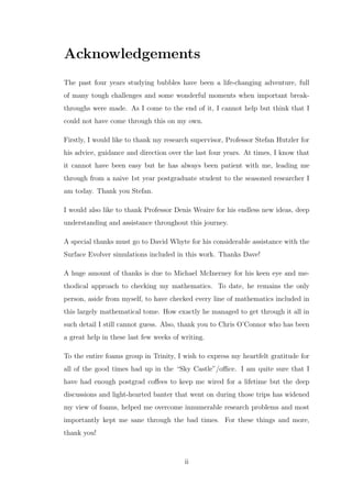 Acknowledgements
The past four years studying bubbles have been a life-changing adventure, full
of many tough challenges and some wonderful moments when important break-
throughs were made. As I come to the end of it, I cannot help but think that I
could not have come through this on my own.
Firstly, I would like to thank my research supervisor, Professor Stefan Hutzler for
his advice, guidance and direction over the last four years. At times, I know that
it cannot have been easy but he has always been patient with me, leading me
through from a naive 1st year postgraduate student to the seasoned researcher I
am today. Thank you Stefan.
I would also like to thank Professor Denis Weaire for his endless new ideas, deep
understanding and assistance throughout this journey.
A special thanks must go to David Whyte for his considerable assistance with the
Surface Evolver simulations included in this work. Thanks Dave!
A huge amount of thanks is due to Michael McInerney for his keen eye and me-
thodical approach to checking my mathematics. To date, he remains the only
person, aside from myself, to have checked every line of mathematics included in
this largely mathematical tome. How exactly he managed to get through it all in
such detail I still cannot guess. Also, thank you to Chris O’Connor who has been
a great help in these last few weeks of writing.
To the entire foams group in Trinity, I wish to express my heartfelt gratitude for
all of the good times had up in the “Sky Castle”/oﬃce. I am quite sure that I
have had enough postgrad coﬀees to keep me wired for a lifetime but the deep
discussions and light-hearted banter that went on during those trips has widened
my view of foams, helped me overcome innumerable research problems and most
importantly kept me sane through the bad times. For these things and more,
thank you!
ii
 