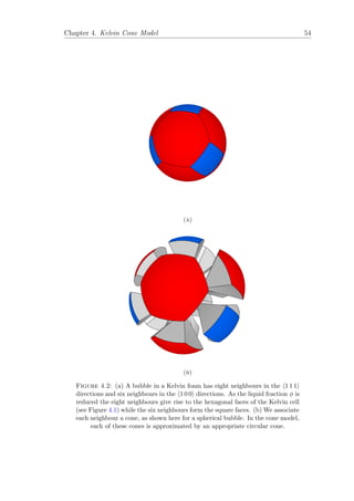 Chapter 4. Kelvin Cone Model 54
(a)
(b)
Figure 4.2: (a) A bubble in a Kelvin foam has eight neighbours in the 1 1 1
directions and six neighbours in the 1 0 0 directions. As the liquid fraction φ is
reduced the eight neighbours give rise to the hexagonal faces of the Kelvin cell
(see Figure 4.1) while the six neighbours form the square faces. (b) We associate
each neighbour a cone, as shown here for a spherical bubble. In the cone model,
each of these cones is approximated by an appropriate circular cone.
 