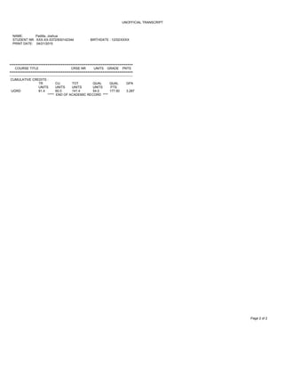 UNOFFICIAL TRANSCRIPT
NAME: Padilla, Joshua
STUDENT NR: XXX-XX-5372/830142344 BIRTHDATE : 12/02/XXXX
PRINT DATE: 04/21/2015
Page 2 of 2
=================================================================
COURSE TITLE CRSE NR UNITS GRADE PNTS
=================================================================
------------------------------------------------------------------------------------------------------------------
CUMULATIVE CREDITS :
TR
UNITS
CU
UNITS
TOT
UNITS
QUAL
UNITS
QUAL
PTS
GPA
UGRD 81.4 60.0 141.4 54.0 177.50 3.287
***** END OF ACADEMIC RECORD ****
 