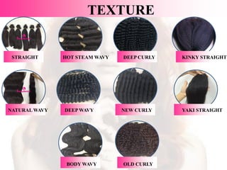 TEXTURE
STRAIGHT HOT STEAM WAVY
NATURAL WAVY DEEP WAVY
BODY WAVY
DEEP CURLY
NEW CURLY
OLD CURLY
KINKY STRAIGHT
YAKI STRAIGHT
 