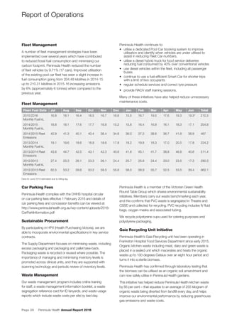 Page 26 Peninsula Health Annual Report 2016
Fleet Fuel Data Jul Aug Sep Oct Nov Dec Jan Feb Mar Apr May Jun Total
2015/2016
Monthly Fuel kL
16.8 18.1 16.4 18.5 16.7 16.6 15.5 16.7 19.0 17.6 19.3 19.3* 210.3
2014/2015
Monthly Fuel kL
18.8 18.1 17.6 17.7 16.8 15.2 15.8 16.4 16.9 16.1 18.3 17.1 204.8
2014/2015 Fleet
Emissions
42.9 41.3 40.1 40.4 38.4 34.6 36.0 37.3 38.6 36.7 41.8 38.9 467
2013/2014
Monthly Fuel kL
19.1 19.6 18.6 18.9 18.6 17.8 18.2 19.8 18.3 17.0 20.5 17.8 224.2
2013/2014 Fleet
Emissions
43.6 44.7 42.5 43.1 42.3 40.6 41.6 45.1 41.7 38.8 46.8 40.6 511.4
2012/2013
Monthly Fuel kL
27.4 23.3 26.1 23.3 26.1 24.4 25.7 25.8 24.4 23.0 23.5 17.3 290.3
2012/2013 Fleet
Emissions
62.5 53.2 59.6 53.2 59.5 55.6 58.5 58.9 55.7 52.5 53.5 39.4 662.1
Fleet Management
Data for June 2016 estimated due to billing lag.
Report of Operations
Fleet Management
A number of ﬂeet management strategies have been
implemented over several years which have contributed
to reduced fossil fuel consumption and minimising our
carbon footprint. Peninsula Health reduced the number
of ﬂeet vehicles by 9.71% (17 cars). Improved utilisation
of the existing pool car ﬂeet has seen a slight increase in
fuel consumption going from 204.48 kilolitres in 2014-15
up to 210.31 kilolitres in 2015-16 increasing emissions
by 6% (approximately 6 tonnes) when compared to the
previous year.
Car Parking Fees
Peninsula Health complies with the DHHS hospital circular
on car parking fees effective 1 February 2016 and details of
car parking fees and concession beneﬁts can be viewed at:
http://www.peninsulahealth.org.au/wp-content/uploads/2016-
CarParkInformation.pdf
Sustainable Procurement
By participating in HPV (Health Purchasing Victoria), we are
able to incorporate environmental speciﬁcations in key service
contracts.
The Supply Department focuses on minimising waste, including
excess packaging and packaging and pallet take-back.
Packaging waste is recycled or reused where possible. The
importance of managing and minimising inventory levels is
promoted across clinical units, and they are supported with
scanning technology and periodic review of inventory levels.
Waste Management
Our waste management program includes online training
for staff, a waste management information booklet, a waste
segregation reference card for ID lanyards, and waste usage
reports which include waste costs per site by bed day.
Peninsula Health is a member of the Victorian Green Health
Round Table Group which shares environmental sustainability
initiatives. Members carry out waste benchmarking each year,
and this conﬁrms that PVC waste is segregated in Theatre and
CSSD and collected for recycling. PVC recycling includes IV ﬂuid
bags, oxygen masks and associated tubing.
We recycle polystyrene cups used for catering purposes and
polystyrene packaging.
Gaia Recycling Unit Initiative
Peninsula Health’s Gaia Recycling unit has been operating in
Frankston Hospital Food Services Department since early 2015.
Organic kitchen waste including meat, dairy and green waste is
placed in a sealed unit which macerates and heats the organic
waste up to 100 degrees Celsius over an eight hour period and
turns it into a sterile biomass.
Peninsula Health has conﬁrmed through laboratory testing that
the biomass can be utilised as an organic soil amendment and
can now safely utilise in Peninsula Health gardens.
This initiative has helped reduce Peninsula Health kitchen waste
by 85 per cent – that equates to an average of 255 kilogram of
organic waste being diverted from landﬁll every day, and helps
improve our environmental performance by reducing greenhouse
gas emissions and waste costs.
Peninsula Health continues to:
• utilise a dedicated Pool Car booking system to improve
utilisation and identify when vehicles are under utilised to
assist in reducing Fleet Car numbers.
• utilise a diesel hybrid truck for food service deliveries
reducing fuel consumed by 40% over conventional vehicles
• use diesel vehicles within the ﬂeet, including all passenger
buses
• continue to use a fuel-efﬁcient Smart Car for shorter trips
with a limit of two occupants
• regular schedule services and correct tyre pressure
• provide RACV staff training sessions.
Many of these initiatives have also helped reduce unnecessary
maintenance costs.
 
