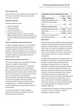 Peninsula Health Financial Statements 2016 Page 47
Financial Statements 2016
Notes to The Financial Statements for the year ended 30 June 2016
PPeenniinnssuullaa HHeeaalltthh AAnnnnuuaall FFiinnaanncciiaall SSttaatteemmeennttss 22001166
NNootteess ttoo TThhee FFiinnaanncciiaall SSttaatteemmeennttss ffoorr tthhee yyeeaarr eennddeedd 3300 JJuunnee 22001166
12
Cost of goods sold
Costs of goods sold are recognised when the sale of an
item occurs by transferring the cost or value of the
item/s from inventories.
Employee expenses
Employee expenses include:
• Wages and salaries;
• Leave entitlements;
• Termination payments;
• Workcover premiums; and
• Superannuation expenses, which are reported
differently depending upon whether employees are
members of defined benefit or defined contribution
plans.
Defined contribution superannuation plans
In relation to defined contribution (i.e. accumulation)
superannuation plans, the associated expense is
simply the employer contributions that are paid or
payable in respect of employees who are members of
these plans during the reporting period. Contributions
to defined contribution superannuation plans are
expensed when incurred.
Defined benefit superannuation plans
The amount charged to the comprehensive operating
statement in respect of defined benefit
superannuation plans represents the contributions
made by Peninsula Health to the superannuation
plans in respect of the services of current staff during
the reporting period. Superannuation contributions are
made to the plans based on the relevant rules of each
plan, and are based upon actuarial advice.
Employees of Peninsula Health are entitled to receive
superannuation benefits and Peninsula Health
contributes to both the defined benefit and defined
contribution plans. The defined benefit plan(s)
provide benefits based on years of service and final
average salary.
The name and details of the major employee
superannuation funds and contributions made by
Peninsula Health are as follows:
Contributions Paid or Payable for the Year
Fund 2016 2015
Defined benefit plans: $’000 $’000
Hospital Superannuation Fund 409 453
Government Superannuation
Fund 161 165
Defined contribution plans:
Hospital Superannuation Fund 18,927 18,317
Other Funds 11,399 10,013
Total 30,896 28,948
Contributions outstanding at the
end of the financial year 616 1,035
Depreciation
All infrastructure assets, buildings, plant and equipment
and other non-financial physical assets that have finite
useful lives are depreciated (i.e. excludes land assets
held for sale, and investment properties). Depreciation
begins when the asset is available for use, which is
when it is in the location and condition necessary for it
to be capable of operating in a manner intended by
management.
Intangible assets with finite lives are depreciated as an
expense from transactions on a systematic basis over
the asset’s useful life. Depreciation is generally
calculated on a straight line basis, at a rate that
allocates the asset value, less any estimated residual
value over its estimated useful life. Estimates of the
remaining useful lives, residual value and depreciation
method for all assets are reviewed at least annually,
and adjustments made where appropriate. This
depreciation charge is not funded by the Department of
Health and Human Services. Assets with a cost in
excess of $1,000 (2015: $1,000) are capitalised and
depreciation has been provided on depreciable assets
so as to allocate their cost or valuation over their
estimated useful lives.
The following table indicates the expected useful lives
(in years) of non-current assets on which the
depreciation charges are based.
 
