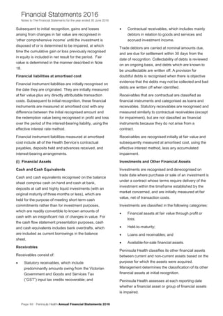Page 50 Peninsula Health Annual Financial Statements 2016
Financial Statements 2016
Notes to The Financial Statements for the year ended 30 June 2016
PPeenniinnssuullaa HHeeaalltthh AAnnnnuuaall FFiinnaanncciiaall SSttaatteemmeennttss 22001166
NNootteess ttoo TThhee FFiinnaanncciiaall SSttaatteemmeennttss ffoorr tthhee yyeeaarr eennddeedd 3300 JJuunnee 22001166
15
Subsequent to initial recognition, gains and losses
arising from changes in fair value are recognised in
‘other comprehensive income’ until the investment is
disposed of or is determined to be impaired, at which
time the cumulative gain or loss previously recognised
in equity is included in net result for the period. Fair
value is determined in the manner described in Note
18.
Financial liabilities at amortised cost
Financial instrument liabilities are initially recognised on
the date they are originated. They are initially measured
at fair value plus any directly attributable transaction
costs. Subsequent to initial recognition, these financial
instruments are measured at amortised cost with any
difference between the initial recognised amount and
the redemption value being recognised in profit and loss
over the period of the interest-bearing liability, using the
effective interest rate method.
Financial instrument liabilities measured at amortised
cost include all of the Health Service’s contractual
payables, deposits held and advances received, and
interest-bearing arrangements.
((ii)) FFiinnaanncciiaall AAsssseettss
Cash and Cash Equivalents
Cash and cash equivalents recognised on the balance
sheet comprise cash on hand and cash at bank,
deposits at call and highly liquid investments (with an
original maturity of three months or less), which are
held for the purpose of meeting short term cash
commitments rather than for investment purposes,
which are readily convertible to known amounts of
cash with an insignificant risk of changes in value. For
the cash flow statement presentation purposes, cash
and cash equivalents includes bank overdrafts, which
are included as current borrowings in the balance
sheet.
Receivables
Receivables consist of:
• Statutory receivables, which include
predominantly amounts owing from the Victorian
Government and Goods and Services Tax
(“GST”) input tax credits recoverable; and
• Contractual receivables, which includes mainly
debtors in relation to goods and services and
accrued investment income.
Trade debtors are carried at nominal amounts due,
and are due for settlement within 30 days from the
date of recognition. Collectability of debts is reviewed
on an ongoing basis, and debts which are known to
be uncollectable are written off. A provision for
doubtful debts is recognised when there is objective
evidence that the debts may not be collected and bad
debts are written off when identified.
Receivables that are contractual are classified as
financial instruments and categorised as loans and
receivables. Statutory receivables are recognised and
measured similarly to contractual receivables (except
for impairment), but are not classified as financial
instruments because they do not arise from a
contract.
Receivables are recognised initially at fair value and
subsequently measured at amortised cost, using the
effective interest method, less any accumulated
impairment.
Investments and Other Financial Assets
Investments are recognised and derecognised on
trade date where purchase or sale of an investment is
under a contract whose terms require delivery of the
investment within the timeframe established by the
market concerned, and are initially measured at fair
value, net of transaction costs.
Investments are classified in the following categories:
• Financial assets at fair value through profit or
loss;
• Held-to-maturity;
• Loans and receivables; and
• Available-for-sale financial assets.
Peninsula Health classifies its other financial assets
between current and non-current assets based on the
purpose for which the assets were acquired.
Management determines the classification of its other
financial assets at initial recognition.
Peninsula Health assesses at each reporting date
whether a financial asset or group of financial assets
is impaired.
 