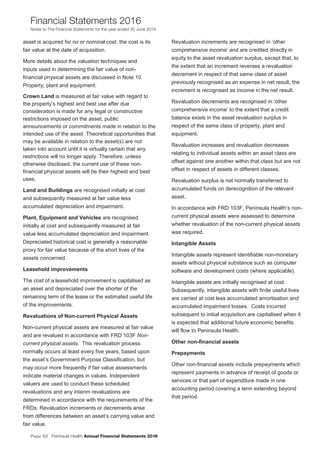 Page 52 Peninsula Health Annual Financial Statements 2016
Financial Statements 2016
Notes to The Financial Statements for the year ended 30 June 2016
PPeenniinnssuullaa HHeeaalltthh AAnnnnuuaall FFiinnaanncciiaall SSttaatteemmeennttss 22001166
NNootteess ttoo TThhee FFiinnaanncciiaall SSttaatteemmeennttss ffoorr tthhee yyeeaarr eennddeedd 3300 JJuunnee 22001166
17
asset is acquired for no or nominal cost, the cost is its
fair value at the date of acquisition.
More details about the valuation techniques and
inputs used in determining the fair value of non-
financial physical assets are discussed in Note 10
Property, plant and equipment.
Crown Land is measured at fair value with regard to
the property’s highest and best use after due
consideration is made for any legal or constructive
restrictions imposed on the asset, public
announcements or commitments made in relation to the
intended use of the asset. Theoretical opportunities that
may be available in relation to the asset(s) are not
taken into account until it is virtually certain that any
restrictions will no longer apply. Therefore, unless
otherwise disclosed, the current use of these non-
financial physical assets will be their highest and best
uses.
Land and Buildings are recognised initially at cost
and subsequently measured at fair value less
accumulated depreciation and impairment.
Plant, Equipment and Vehicles are recognised
initially at cost and subsequently measured at fair
value less accumulated depreciation and impairment.
Depreciated historical cost is generally a reasonable
proxy for fair value because of the short lives of the
assets concerned.
Leasehold improvements
The cost of a leasehold improvement is capitalised as
an asset and depreciated over the shorter of the
remaining term of the lease or the estimated useful life
of the improvements.
Revaluations of Non-current Physical Assets
Non-current physical assets are measured at fair value
and are revalued in accordance with FRD 103F Non-
current physical assets. This revaluation process
normally occurs at least every five years, based upon
the asset’s Government Purpose Classification, but
may occur more frequently if fair value assessments
indicate material changes in values. Independent
valuers are used to conduct these scheduled
revaluations and any interim revaluations are
determined in accordance with the requirements of the
FRDs. Revaluation increments or decrements arise
from differences between an asset’s carrying value and
fair value.
Revaluation increments are recognised in ‘other
comprehensive income’ and are credited directly in
equity to the asset revaluation surplus, except that, to
the extent that an increment reverses a revaluation
decrement in respect of that same class of asset
previously recognised as an expense in net result, the
increment is recognised as income in the net result.
Revaluation decrements are recognised in ‘other
comprehensive income’ to the extent that a credit
balance exists in the asset revaluation surplus in
respect of the same class of property, plant and
equipment.
Revaluation increases and revaluation decreases
relating to individual assets within an asset class are
offset against one another within that class but are not
offset in respect of assets in different classes.
Revaluation surplus is not normally transferred to
accumulated funds on derecognition of the relevant
asset.
In accordance with FRD 103F, Peninsula Health’s non-
current physical assets were assessed to determine
whether revaluation of the non-current physical assets
was required.
Intangible Assets
Intangible assets represent identifiable non-monetary
assets without physical substance such as computer
software and development costs (where applicable).
Intangible assets are initially recognised at cost.
Subsequently, intangible assets with finite useful lives
are carried at cost less accumulated amortisation and
accumulated impairment losses. Costs incurred
subsequent to initial acquisition are capitalised when it
is expected that additional future economic benefits
will flow to Peninsula Health.
Other non-financial assets
Prepayments
Other non-financial assets include prepayments which
represent payments in advance of receipt of goods or
services or that part of expenditure made in one
accounting period covering a term extending beyond
that period.
 