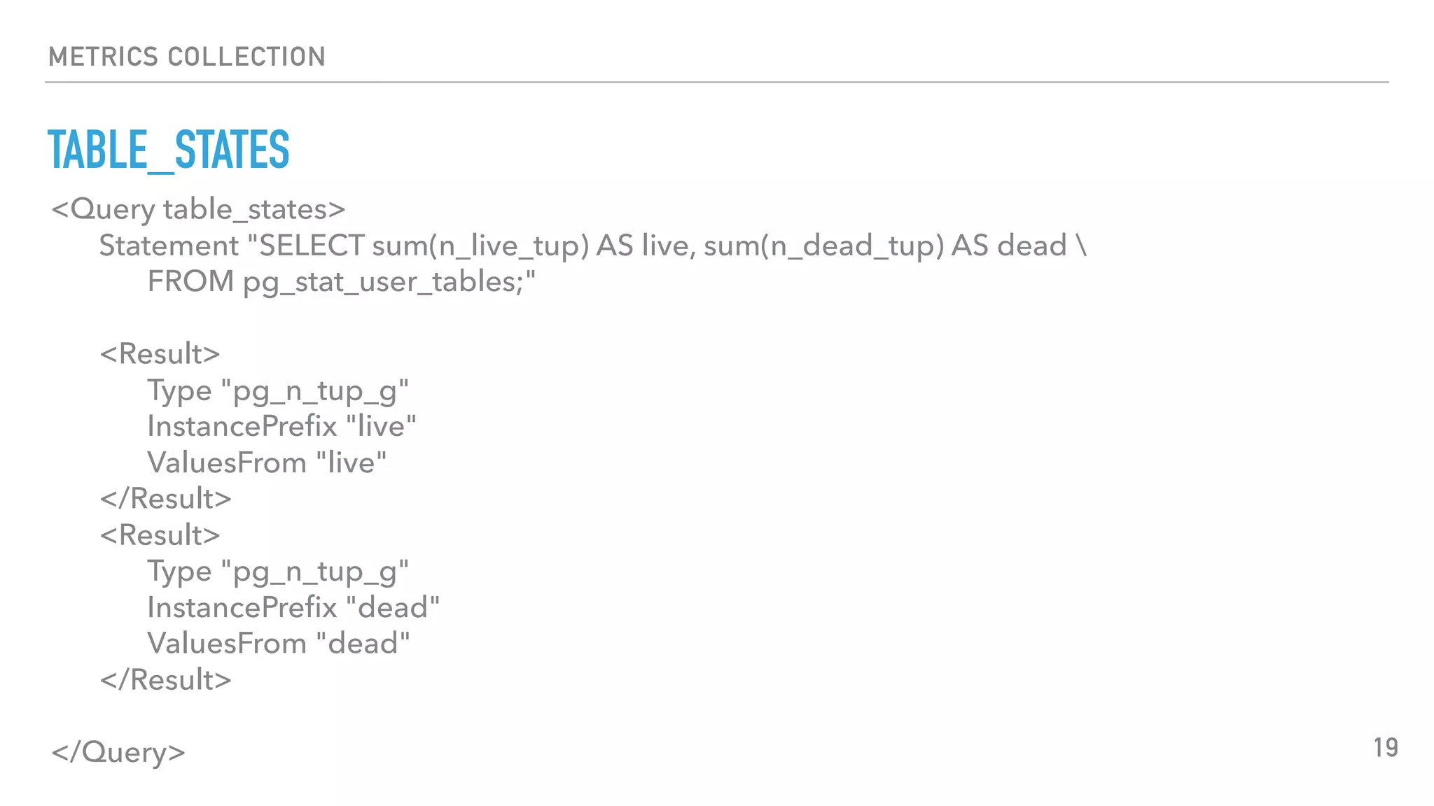 METRICS COLLECTION
TABLE_STATES
19
<Query table_states>
Statement "SELECT sum(n_live_tup) AS live, sum(n_dead_tup) AS dead 
FROM pg_stat_user_tables;"
<Result>
Type "pg_n_tup_g"
InstancePreﬁx "live"
ValuesFrom "live"
</Result>
<Result>
Type "pg_n_tup_g"
InstancePreﬁx "dead"
ValuesFrom "dead"
</Result>
</Query>
 