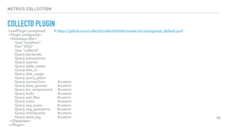 METRICS COLLECTION
COLLECTD PLUGIN
14
LoadPlugin postgresql # https://github.com/collectd/collectd/blob/master/src/postgresql_default.conf
<Plugin postgresql>
<Database dba>
Host "localhost"
Port "5432"
User "collectd"
Query backends
Query transactions
Query queries
Query table_states
Query disk_io
Query disk_usage
Query query_plans
Query connections #custom
Query slow_queries #custom
Query txn_wraparound #custom
Query locks #custom
Query wal_ﬁles #custom
Query scans #custom
Query seq_scans #custom
Query avg_querytime #custom
Query checkpoints #custom
Query slave_lag #custom
</Database>
</Plugin>
 