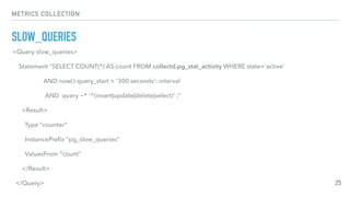 METRICS COLLECTION
SLOW_QUERIES
25
<Query slow_queries>
Statement "SELECT COUNT(*) AS count FROM collectd.pg_stat_activity WHERE state='active'
AND now()-query_start > '300 seconds'::interval
AND query ~* '^(insert|update|delete|select)' ;"
<Result>
Type "counter"
InstancePreﬁx "pg_slow_queries"
ValuesFrom "count"
</Result>
</Query>
 