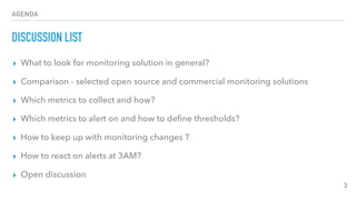 AGENDA
DISCUSSION LIST
▸ What to look for monitoring solution in general?
▸ Comparison - selected open source and commercial monitoring solutions
▸ Which metrics to collect and how?
▸ Which metrics to alert on and how to deﬁne thresholds?
▸ How to keep up with monitoring changes ?
▸ How to react on alerts at 3AM?
▸ Open discussion
3
 