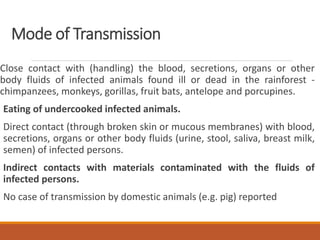 Mode of Transmission
Close contact with (handling) the blood, secretions, organs or other
body fluids of infected animals found ill or dead in the rainforest -
chimpanzees, monkeys, gorillas, fruit bats, antelope and porcupines.
Eating of undercooked infected animals.
Direct contact (through broken skin or mucous membranes) with blood,
secretions, organs or other body fluids (urine, stool, saliva, breast milk,
semen) of infected persons.
Indirect contacts with materials contaminated with the fluids of
infected persons.
No case of transmission by domestic animals (e.g. pig) reported
 
