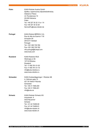 109 / 117Stand: 12.07.2016 Version: KUKA Sunrise.OS 1.11 END V1
7 KUKA Service
Polen KUKA Roboter Austria GmbH
Spółka z ograniczoną odpowiedzialnością
Oddział w Polsce
Ul. Porcelanowa 10
40-246 Katowice
Polen
Tel. +48 327 30 32 13 or -14
Fax +48 327 30 32 26
ServicePL@kuka-roboter.de
Portugal KUKA Robots IBÉRICA, S.A.
Rua do Alto da Guerra n° 50
Armazém 04
2910 011 Setúbal
Portugal
Tel. +351 265 729 780
Fax +351 265 729 782
info.portugal@kukapt.com
www.kuka.com
Russland KUKA Robotics RUS
Werbnaja ul. 8A
107143 Moskau
Russland
Tel. +7 495 781-31-20
Fax +7 495 781-31-19
info@kuka-robotics.ru
www.kuka-robotics.ru
Schweden KUKA Svetsanläggningar + Robotar AB
A. Odhners gata 15
421 30 Västra Frölunda
Schweden
Tel. +46 31 7266-200
Fax +46 31 7266-201
info@kuka.se
Schweiz KUKA Roboter Schweiz AG
Industriestr. 9
5432 Neuenhof
Schweiz
Tel. +41 44 74490-90
Fax +41 44 74490-91
info@kuka-roboter.ch
www.kuka-roboter.ch
 