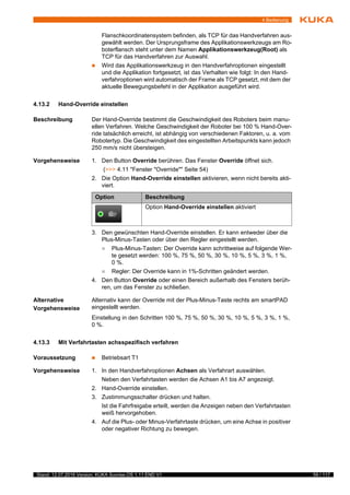 59 / 117Stand: 12.07.2016 Version: KUKA Sunrise.OS 1.11 END V1
4 Bedienung
Flanschkoordinatensystem befinden, als TCP für das Handverfahren aus-
gewählt werden. Der Ursprungsframe des Applikationswerkzeugs am Ro-
boterflansch steht unter dem Namen Applikationswerkzeug(Root) als
TCP für das Handverfahren zur Auswahl.
 Wird das Applikationswerkzeug in den Handverfahroptionen eingestellt
und die Applikation fortgesetzt, ist das Verhalten wie folgt: In den Hand-
verfahroptionen wird automatisch der Frame als TCP gesetzt, mit dem der
aktuelle Bewegungsbefehl in der Applikation ausgeführt wird.
4.13.2 Hand-Override einstellen
Beschreibung Der Hand-Override bestimmt die Geschwindigkeit des Roboters beim manu-
ellen Verfahren. Welche Geschwindigkeit der Roboter bei 100 % Hand-Over-
ride tatsächlich erreicht, ist abhängig von verschiedenen Faktoren, u. a. vom
Robotertyp. Die Geschwindigkeit des eingestellten Arbeitspunkts kann jedoch
250 mm/s nicht übersteigen.
Vorgehensweise 1. Den Button Override berühren. Das Fenster Override öffnet sich.
(>>> 4.11 "Fenster "Override"" Seite 54)
2. Die Option Hand-Override einstellen aktivieren, wenn nicht bereits akti-
viert.
3. Den gewünschten Hand-Override einstellen. Er kann entweder über die
Plus-Minus-Tasten oder über den Regler eingestellt werden.
 Plus-Minus-Tasten: Der Override kann schrittweise auf folgende Wer-
te gesetzt werden: 100 %, 75 %, 50 %, 30 %, 10 %, 5 %, 3 %, 1 %,
0 %.
 Regler: Der Override kann in 1%-Schritten geändert werden.
4. Den Button Override oder einen Bereich außerhalb des Fensters berüh-
ren, um das Fenster zu schließen.
Alternative
Vorgehensweise
Alternativ kann der Override mit der Plus-Minus-Taste rechts am smartPAD
eingestellt werden.
Einstellung in den Schritten 100 %, 75 %, 50 %, 30 %, 10 %, 5 %, 3 %, 1 %,
0 %.
4.13.3 Mit Verfahrtasten achsspezifisch verfahren
Voraussetzung  Betriebsart T1
Vorgehensweise 1. In den Handverfahroptionen Achsen als Verfahrart auswählen.
Neben den Verfahrtasten werden die Achsen A1 bis A7 angezeigt.
2. Hand-Override einstellen.
3. Zustimmungsschalter drücken und halten.
Ist die Fahrfreigabe erteilt, werden die Anzeigen neben den Verfahrtasten
weiß hervorgehoben.
4. Auf die Plus- oder Minus-Verfahrtaste drücken, um eine Achse in positiver
oder negativer Richtung zu bewegen.
Option Beschreibung
Option Hand-Override einstellen aktiviert
 