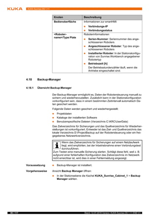 80 / 117 Stand: 12.07.2016 Version: KUKA Sunrise.OS 1.11 END V1
KUKA Sunrise.OS 1.11
4.18 Backup-Manager
4.18.1 Übersicht Backup-Manager
Der Backup-Manager ermöglicht es, Daten der Robotersteuerung manuell zu
sichern und wiederherzustellen. Zusätzlich kann in der Stationskonfiguration
vorkonfiguriert sein, dass in einem bestimmten Zeitintervall automatisch Da-
ten gesichert werden.
Folgende Daten werden gesichert und wiederhergestellt:
 Projektdaten
 Kataloge der installierten Software
 Benutzerspezifische Dateien (Verzeichnis C:KRCUserData)
Das Zielverzeichnis für Sicherungen und das Quellverzeichnis für Wiederher-
stellungen ist vorkonfiguriert. Entweder ist das Ziel- und Quellverzeichnis das
lokale Verzeichnis D:ProjectBackup auf der Robotersteuerung oder ein frei-
gegebenes Netzwerkverzeichnis.
Voraussetzung  Backup-Manager ist installiert.
Vorgehensweise Ansicht Backup Manager öffnen:
 In der Stationsebene die Kachel KUKA_Sunrise_Cabinet_1 > Backup
Manager wählen.
Bedienoberfläche Informationen zur smartHMI
 Verbindungs-IP
 Verbindungsstatus
<Roboter-
name>/Type Plate
Roboterinformationen
 Serien-Nummer: Seriennummer des ange-
schlossenen Roboters
 Angeschlossener Roboter: Typ des ange-
schlossenen Roboters
 Installierter Roboter: In der Stationskonfigu-
ration von Sunrise.Workbench angegebener
Robotertyp
 Betriebszeit [h]
Der Betriebsstundenzähler läuft, wenn die
Antriebe eingeschaltet sind.
Knoten Beschreibung
Wenn das Zielverzeichnis für Sicherungen auf einem Netzlaufwerk
liegt, wird empfohlen, bei der Inbetriebnahme einen Verbindungstest
durchzuführen.
Zum Testen eine manuelle Sicherung starten. Schlägt diese fehl, weil z. B.
aufgrund einer fehlerhaften Konfiguration das Zielverzeichnis im Netzwerk
nicht erreichbar ist, wird dies in einer Fehlermeldung angezeigt.
 